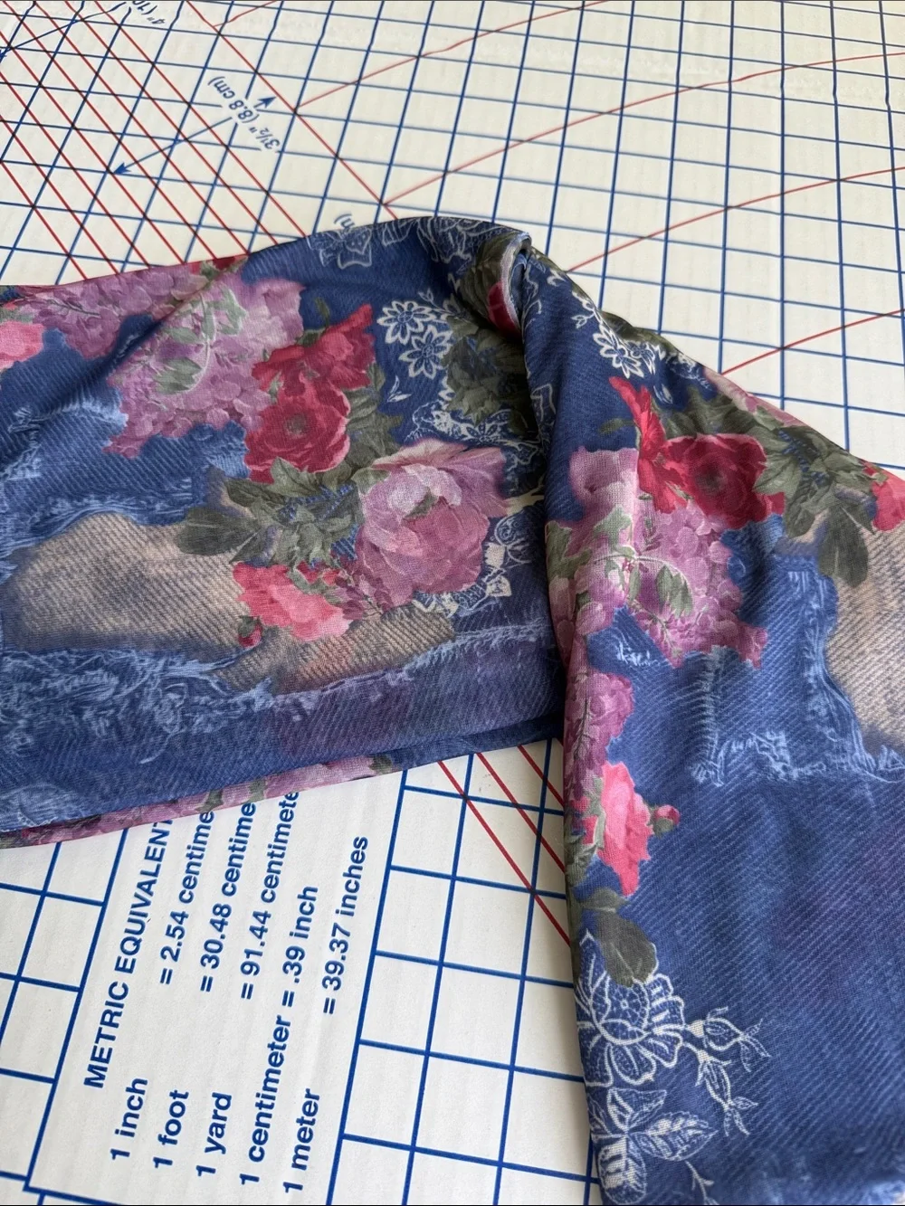 Y2K Denim Rose Lace Print Stretch Mesh Fabric 4 Yards 54” Semi Sheer
